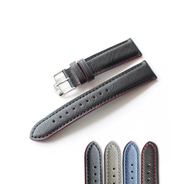 

watch bands handmade cross grain cow leather strap 20 22mm black red string retro men's soft, Black;brown
