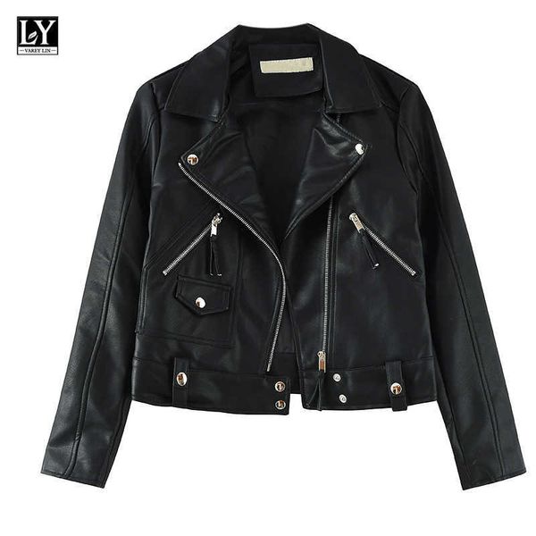 

ly varey lin autumn women casual faux leather jackets turn down collar zippers rivet biker coats slim black streetwear 210526