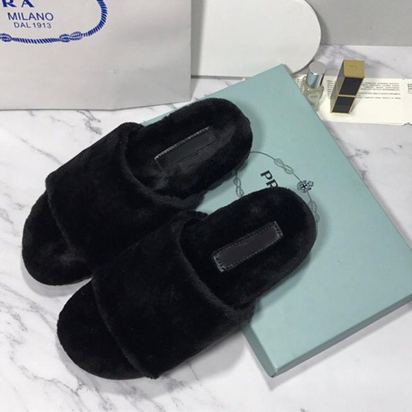 

slippers real fur women slides open toe lady plush flats wool comfortable autumn winter mules 2021, Black