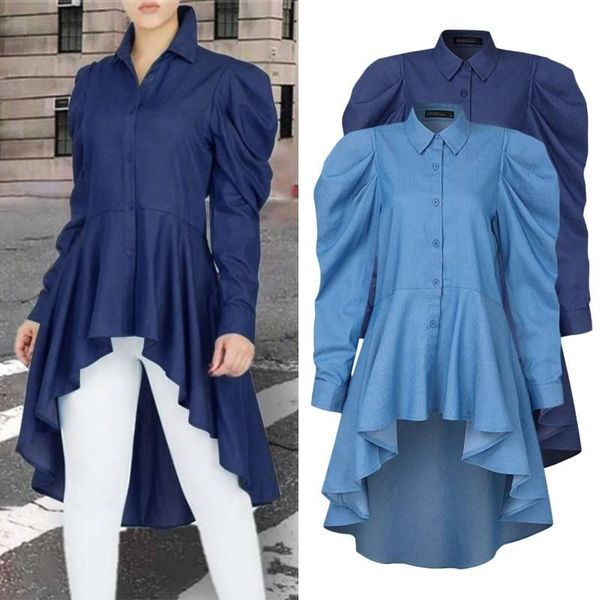 

casual irregular long sleeves shirts fashion blusa feminina ladies autumn denim blouses elegant solid lapel tunic plus size 5xl, White