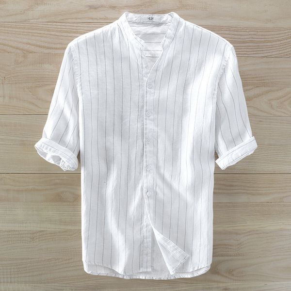 

2021 new summer 100% flax half-sleeve men brand fashion striped linen shirt mens comfortable shirts male camisas para hombre q0hf, White