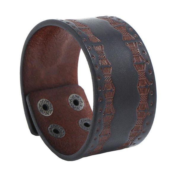 

tennis trendy retro wrap snap button printing pattern wide dark brown genuine leather bracelet men women bangle homme male jewelry, Golden;silver
