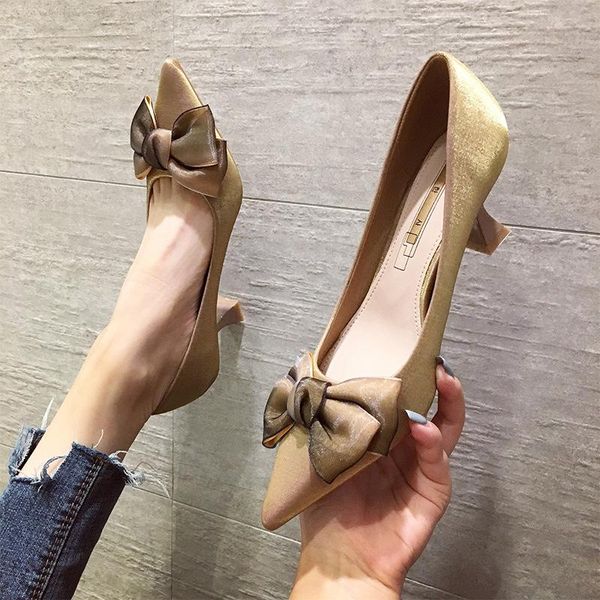 

dress shoes pumps women high heels female solid color pointed-toe thin autumn style butterfly-knot fashion, Black