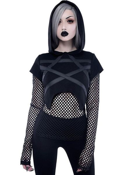 

women's hoodies & sweatshirts spring gothic bodycon pentacle broken net yarn patchwork goth pillovers, Black