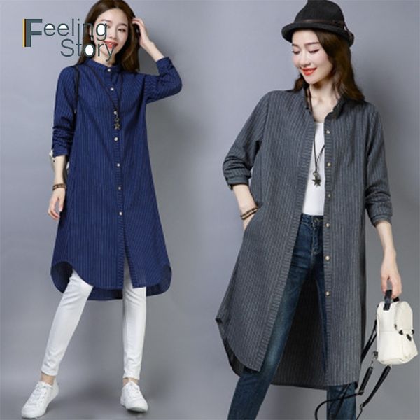 

cotton linen plus size long sleeve striped blouses shirts korean women spring loose shirt dress irregular hem womens 210603, White
