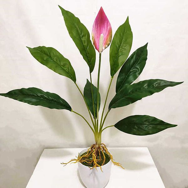 60 CM Artificiale Raro Anthurium Fiore Verde Piante Finte Plastica Foglia di Magnolia el Anno Casa FAI DA TE Decor Falso Fiore Eterno 210624