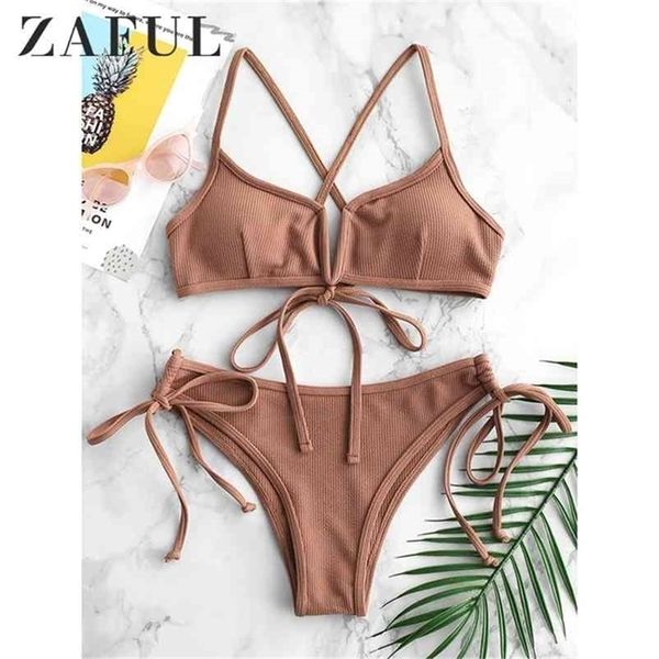 

ribbed cami bikini padded criss cros biquinis set summer swimsuit solid bandage swimwear beach bathing suits 210621, White;black
