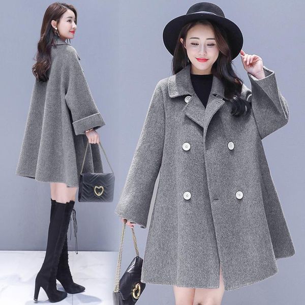 

women's wool & blends 2021 autumn winter woolen coat ladies korean loose fashion padded cloak overcoat jacket abrigo mujer, Black