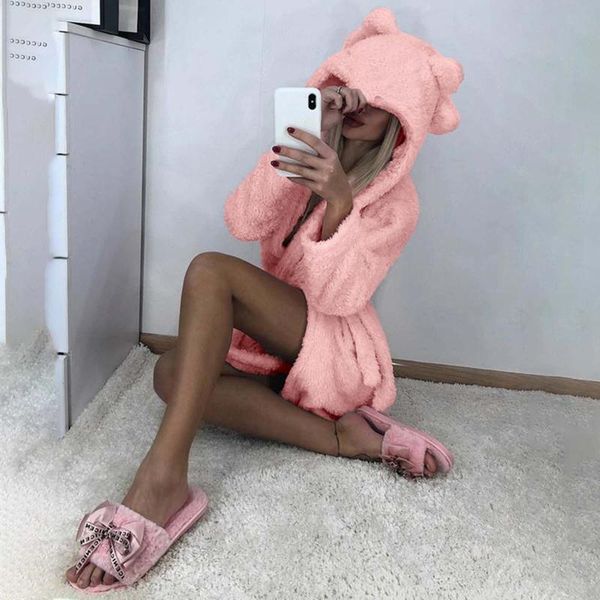 

women's sleepwear 2021 winter kimono robe plush fleece scalloped bath robes for women soft warm long sleeve ear hooded night-robe loung, Black;red