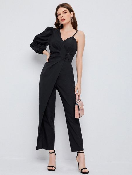 

asymmetrical neck gathered sleeve jumpsuit f2m5#, White