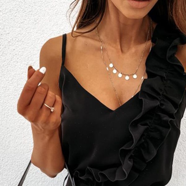 

cysincos women v neck ruffle blouse shirts summer backless spaghetti strap casual sleeveless office ladies blouses, White