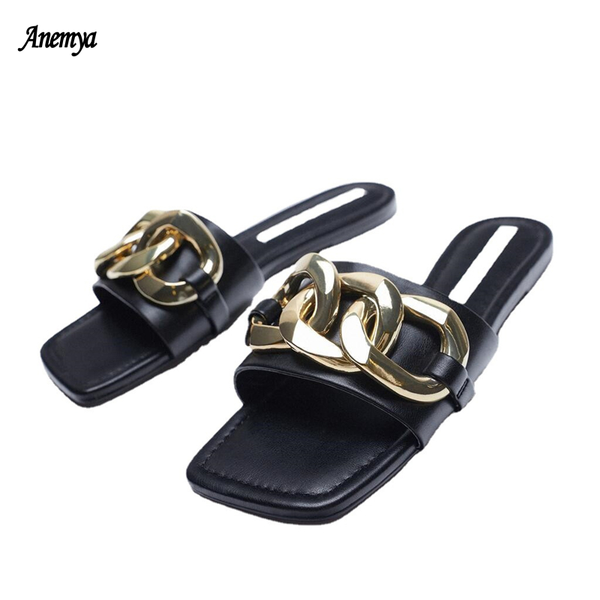 

2021 women slippers summer ladies square toe flat outdoor slides fashion metal decoration female shoes open toe beach lady shoes, Black