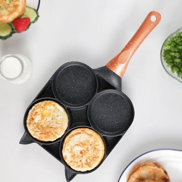 

pans 4 hole omelet pan for burger eggs ham pancake maker wooden handle frying pot non-stick cooking breakfast famliy