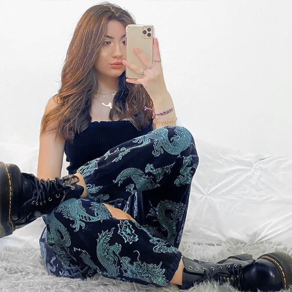 

vintage streetwear high waist loose harem pants gothic women harajuku dragon print trousers female casual dark pants, Black;white