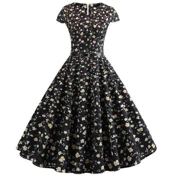 

casual dresses women summer vintage floral print rockabilly robe femme sun vestidos polka dot party j3327 nbv8, Black;gray