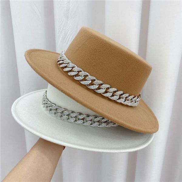 

wide brim hats 202109-dudu-suai autumn winter blended polyester wool rhinestone shine thick chain fedoras cap women leisure panama jazz hat, Blue;gray