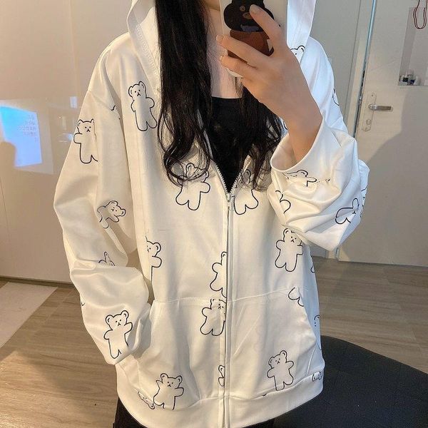 

women's hoodies & sweatshirts qweek harajuku bear print zip up women 2021 autumn casual korean fashion kawaii long sleeve alt clothes y, Black