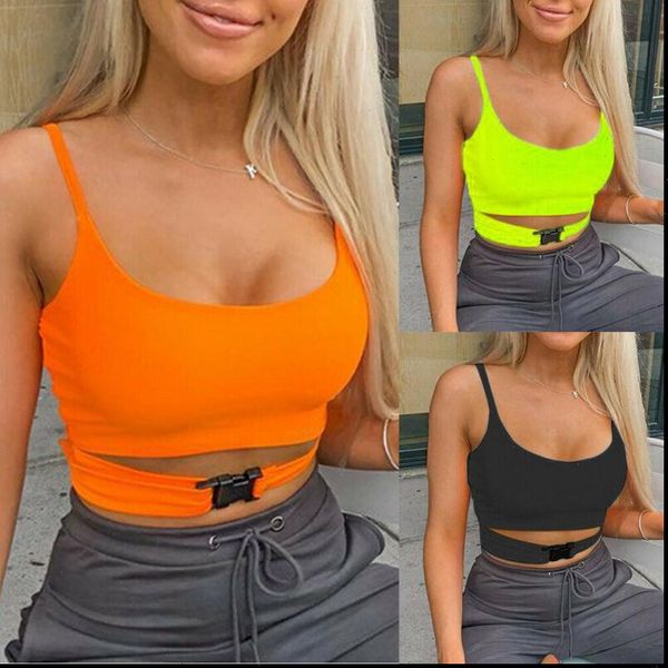 

2021 summer women sleeveless buckle straps camis solid casual orange neon yellow bustier crop, White