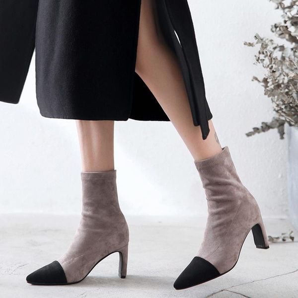 

boots women ankle stretch flannel outdoor booties thick high-heel pointed leathe online celebrity shoes, Black