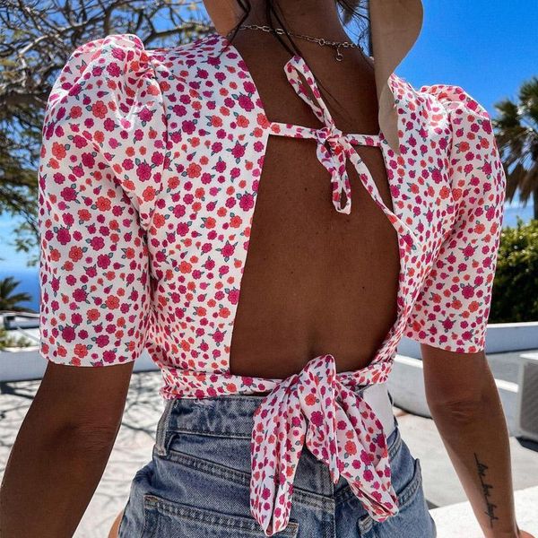 

women's blouses & shirts women backless shirt blouse summer o neck short sleeve floral print elegant hollow out tie-up femme blusa, White