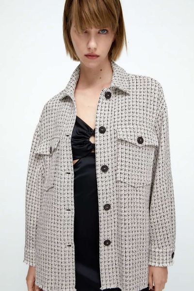 

autumn temperament celebrity style black and white lattice texture loose thin lapel long sleeve shirt coat, Black;brown