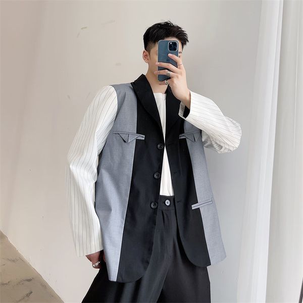 

silhouette fashion suit coat for men 2021 new tide design contrast color patchwork single breasted big size blazer 9y9260, White;black