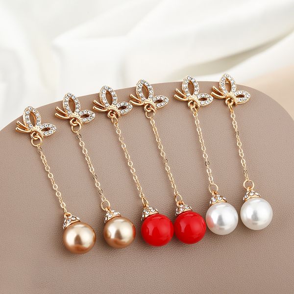 

925 silver needle korean long chain butterfly pearl earrings