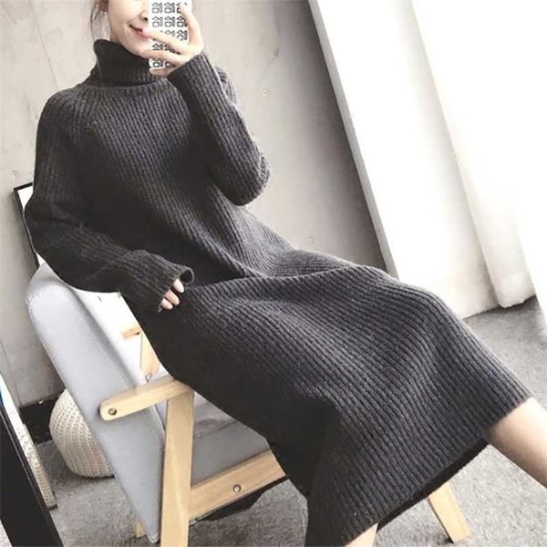 

korean version sweet winter women knitted sweater dress office casual fashion pit pattern turtleneck wrap solid color dresses 211220, Black;gray