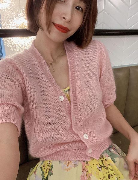 

women's knits & tees 2021 fall latest ladies silk mohair blend elbow sleeve v neck solid pink knitted cardigan sweater with button clos, White