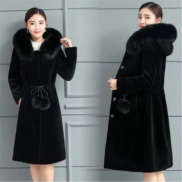 

women's fur & faux mink coat mid-length 2021 autumn and winter thinner hooded jacket n large size thickening, Black