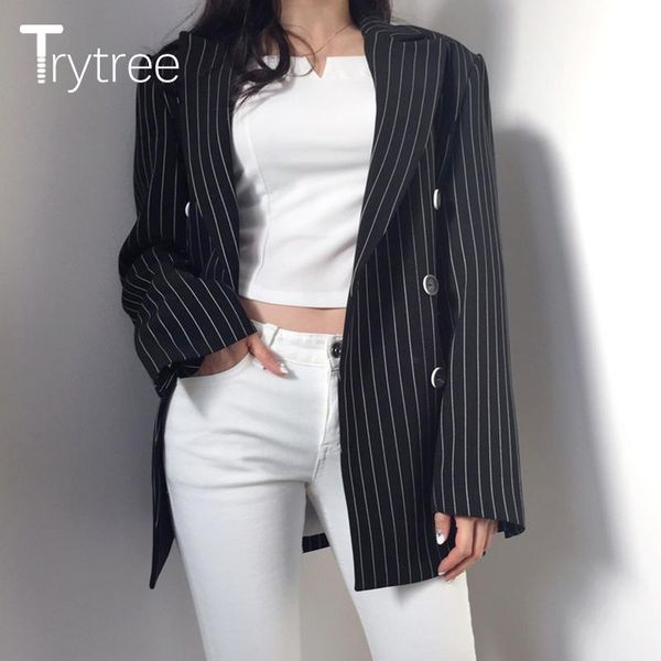 

trytree 2021 autumn winter office lady suit coat turn-down collar double breasted striped black casual women thin coat, Black;brown