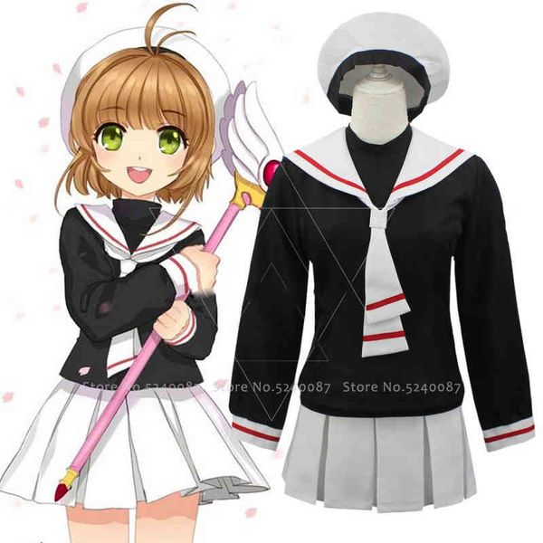 

japanese anime card captor sakura cosplay costumes girls navy collar sailor school uniform suit women pleated skirts party dress, Red;black