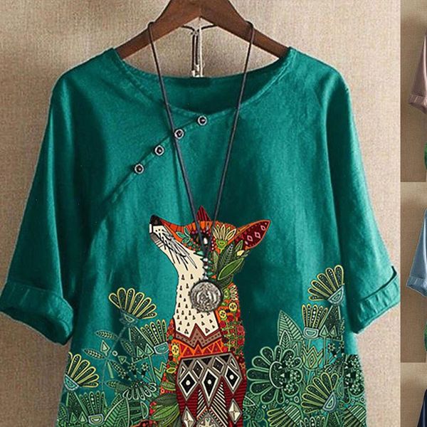 

harajuku woman tshirts women loose cotton and linen animal print o neck t shirt graphic t shirts women 2021, White