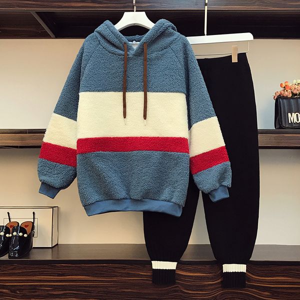 

2021 warm winter women's sweatersuit stripe with hood sweatershirt and knitted wide leg two pieces together thicken clothes more jo42, White