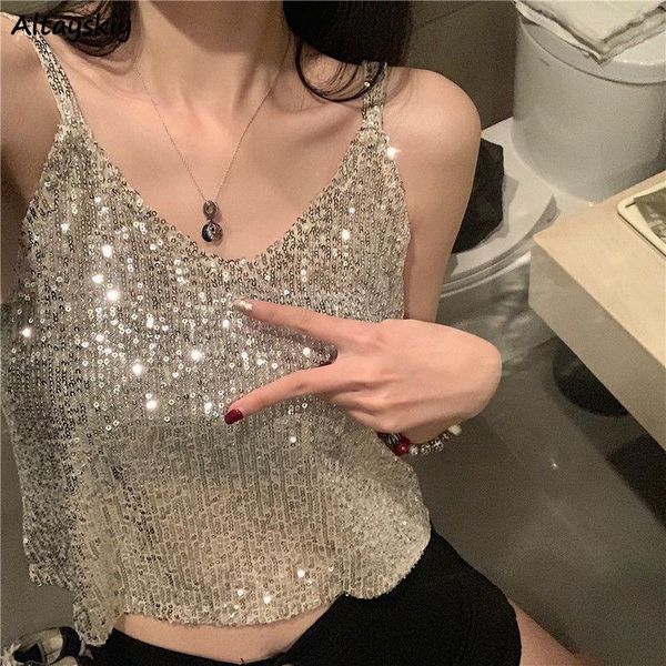 

women's tanks & camis camisoles women summer temperament trendy clothes simple v-neck sequined design club aesthetic crop ladies ko, White