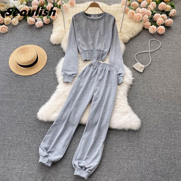 

women's two piece pants seoulish 2021 autumn winter 2 pieces casual women sets tracksuit o-neck short sweatshirts+loose jogging trouser, White
