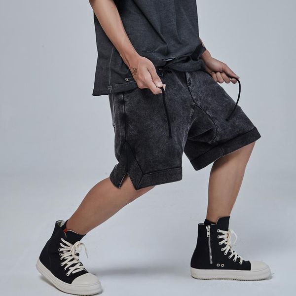 

high street washed retro cargo shorts mens harajuku drawstring straigth oversize summer shorts loose hip hop knee length pants, White;black
