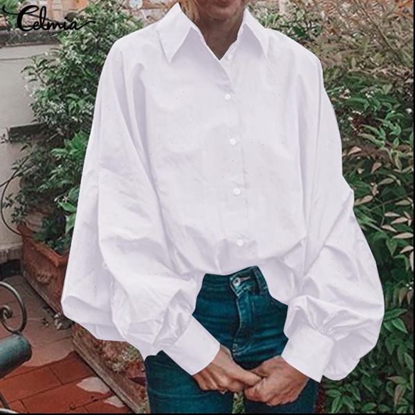 

celmia fashion women laple long puff sleeve casual white blouse elegant office lady shirts loose buttons party blusa