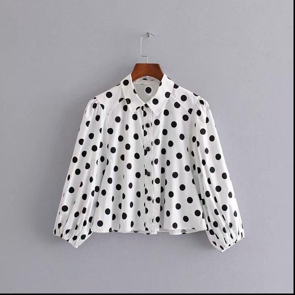 

women sweet polka dots print three quarter lantern sleeve turn down collar female stylish blouses blusas, White