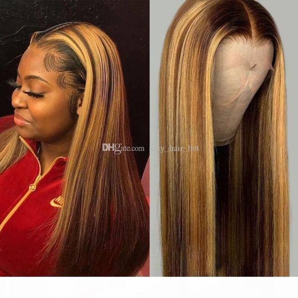 

ombre honey blonde lace front human hair wigs 13x6 lace frontal wig highlight brown blonde indian remy for black women, Black;brown