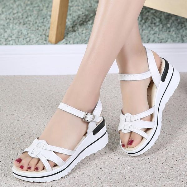 

sandals split leather summer women beach mid heel womans shoes wedges ladies sneakers platform flip flop, Black