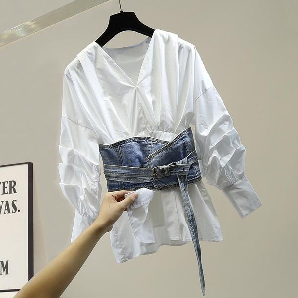 

fashion pleated lantern sleeve v-neck slim-fit shirt + denim waistband two-piece design female autumn chic blouse blusa, White