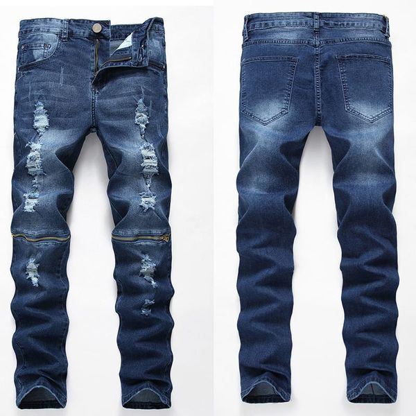 

men's jeans straight dark blue printed ripped cotton fashion designer