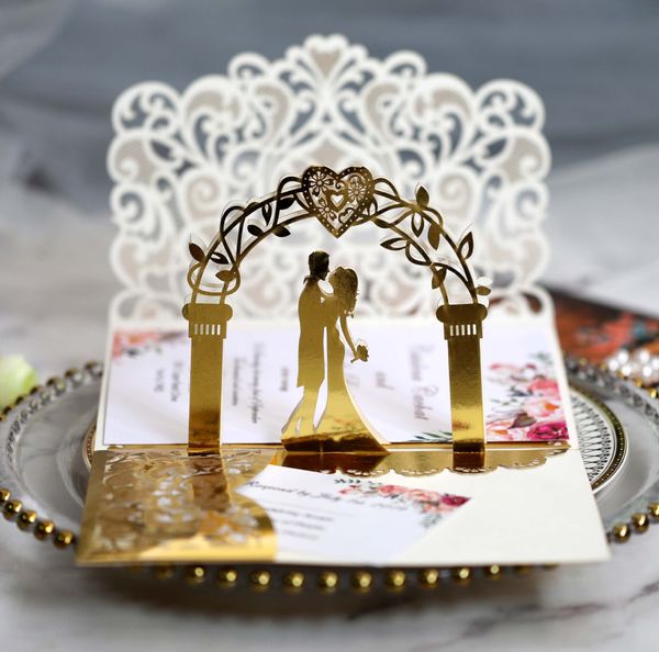 3D-Hochzeitseinladungskarten Laser aushöhlen Braut und Bräutigam Reflektierende goldene Einladungen zur Hochzeit Verlobung w-00967