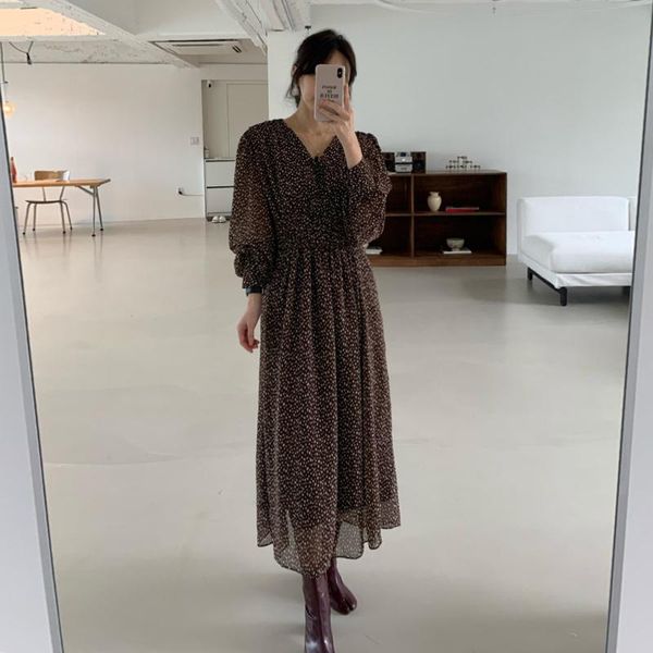 

casual dresses autumn spring maxi dress puff long-sleeved v-neck elastic waist chiffon leopard print chic elegant korean style brown, Black;gray