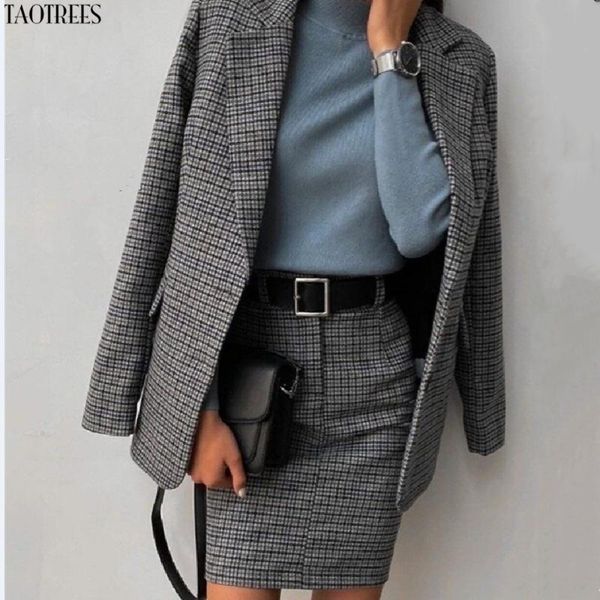 

two piece dress taotrees women's suits blazer office formal workwear sets coats plaid vintage long sleeves outwear+hip skirt 2-piece se, White