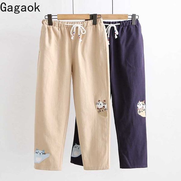 

women sweet cute pant spring autumn embroidery cartoon high pleated straight casual harajuku wild female fashion pnts 210531, Black;white