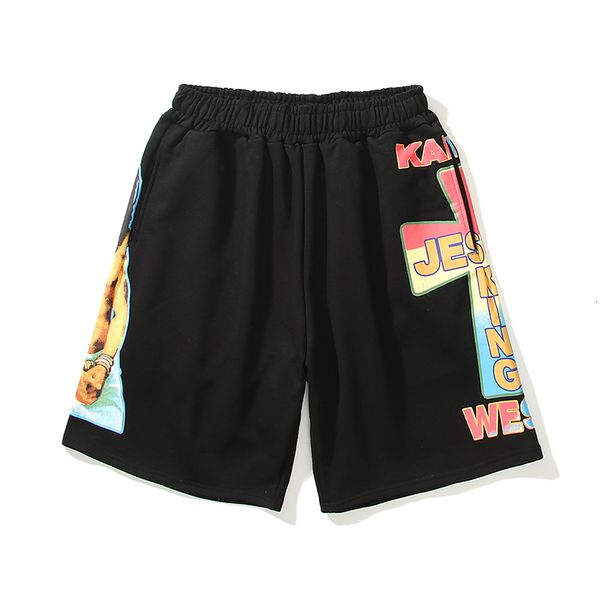

2021 new kanye west jesus is king color cross print summer shorts mens elastic waist hip hop terry cotton knee length pants oversize 3g3d, White;black