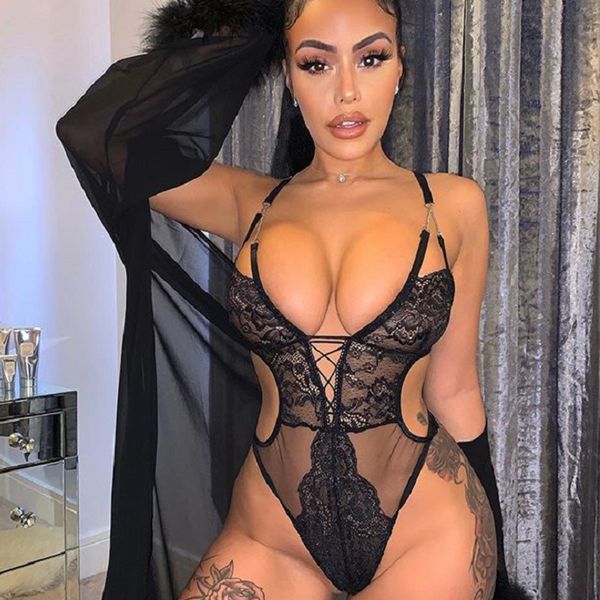 

Deep V-Neck Plunge Strappy Sheer Sexy Lace Bodysuit Club Female Body See Through Backless Bodysuit Thong Teddy, Black