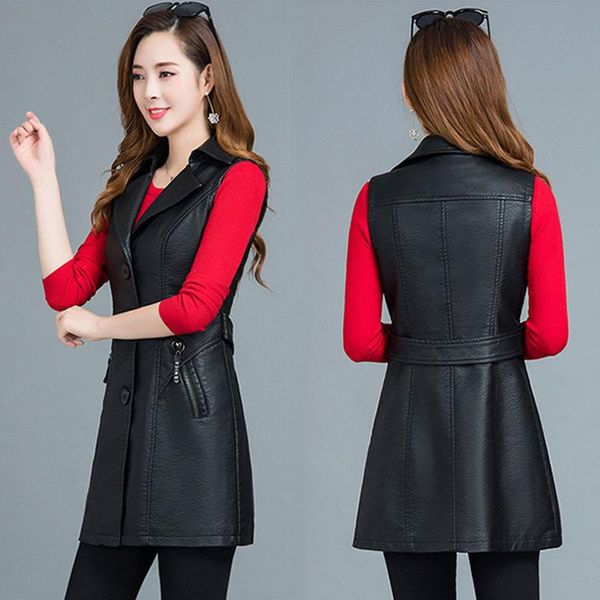 

women 2021 single button faux leather waistcoat vintage turndown collar sleeveless loose female vest outerwear chic y80, Black